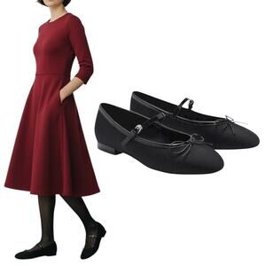Mango Round Toe Mary Jane Bow Ballerina Flats Black Size 36/ 6